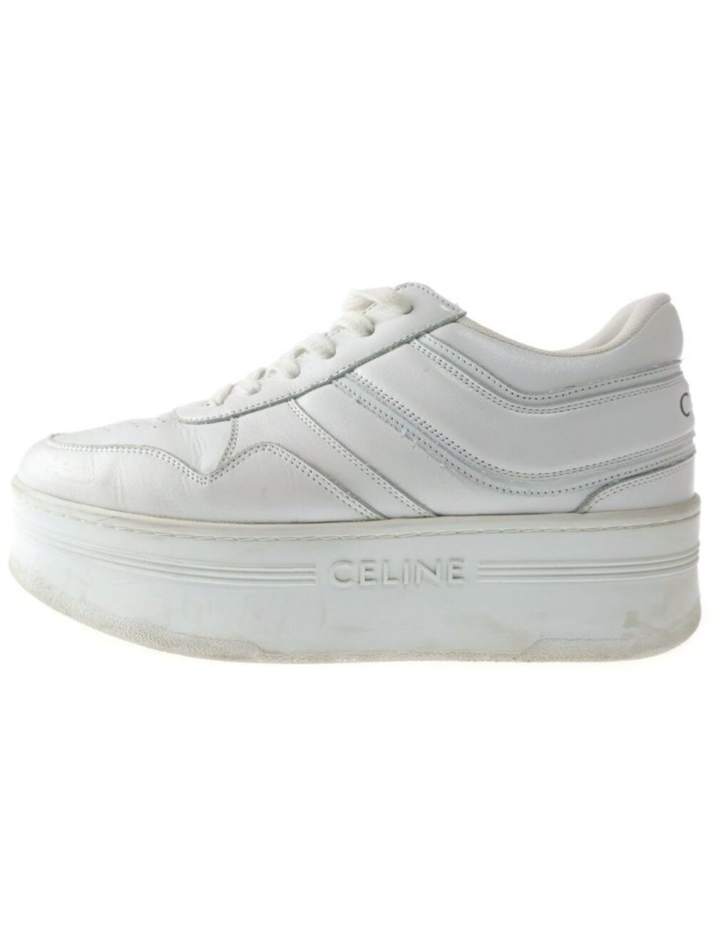 Celine Block Sneakers Leather Lace Up Wedge Outsole White